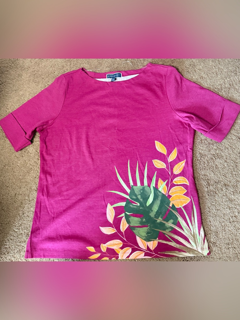 Karen Scott cotton Magenta Short Sleeve Tee with Tropical Leaf Graphic